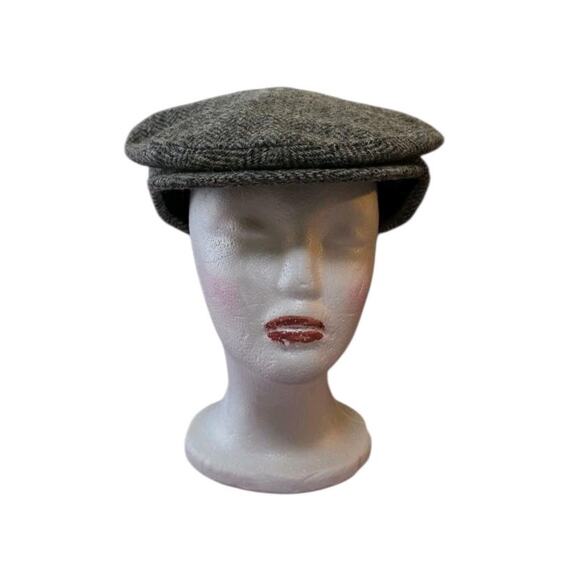 Vtg Harris Tweed Hat Wool Cap Beret Herringbone Brown - Picture 1 of 4